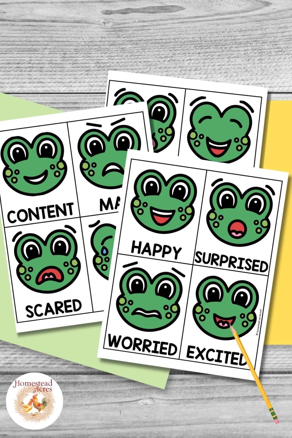 Color frog emotion cards with expressive green frog faces designed to help children recognize and name different feelings. Text reads "CONTENT". "MAD". "SCARED". "HAPPY". "SURPRISED". "WORRIED". "EXCITED".