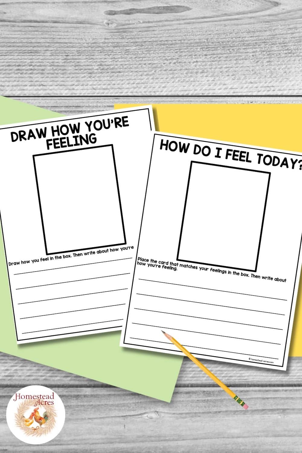 Black and white frog feelings writing worksheets with large blank boxes and writing lines for children to draw or place an emotion card and explain how they feel.
