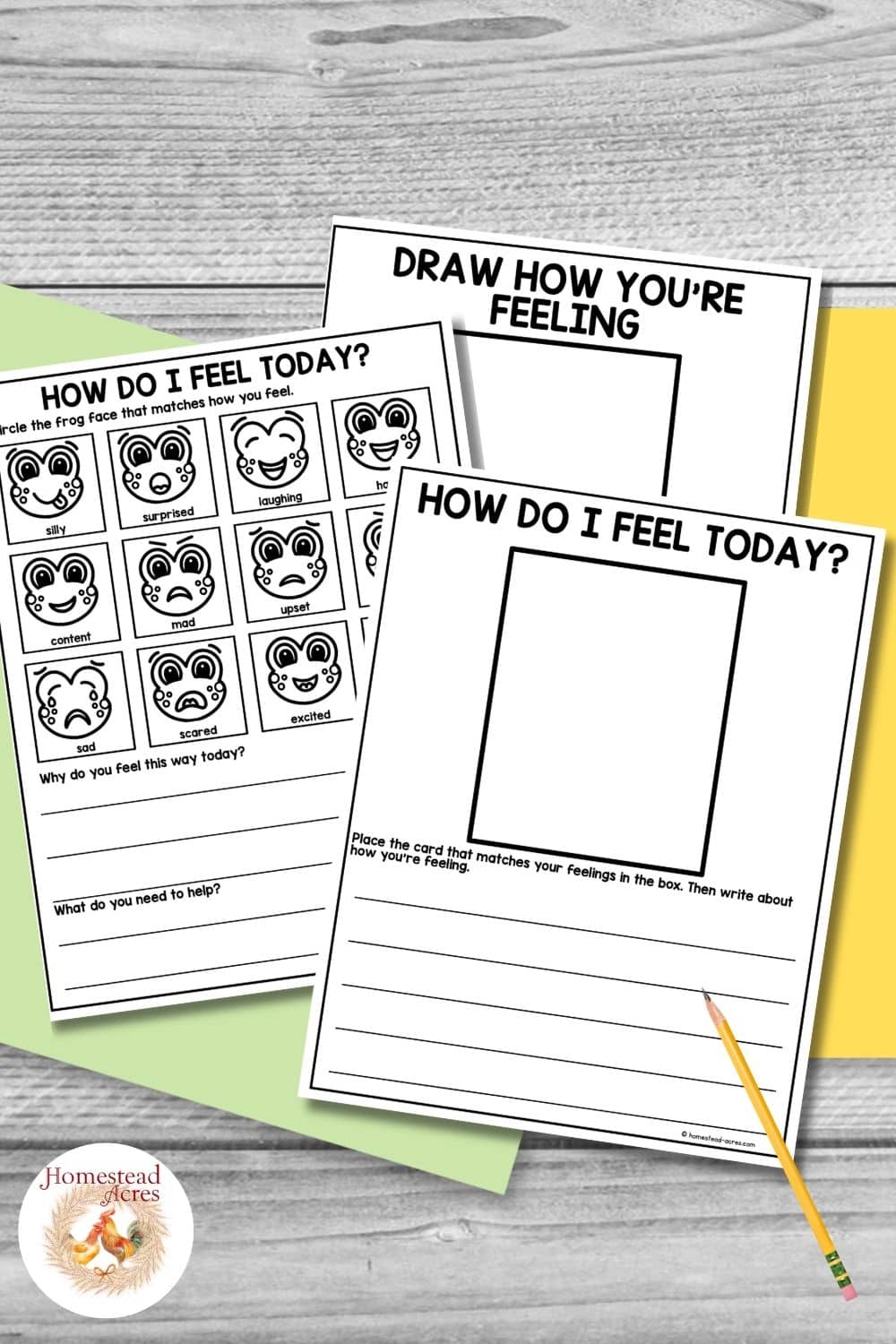 Black and white frog feelings worksheets with emotion faces, drawing boxes, and writing lines for children to identify and explain how they feel.