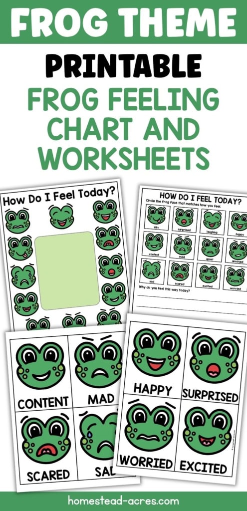 Printable frog feeling chart and worksheets with expressive frog faces for children to identify emotions and check how they feel. Text reads "FROG THEME PRINTABLE FROG FEELING CHART AND WORKSHEETS".