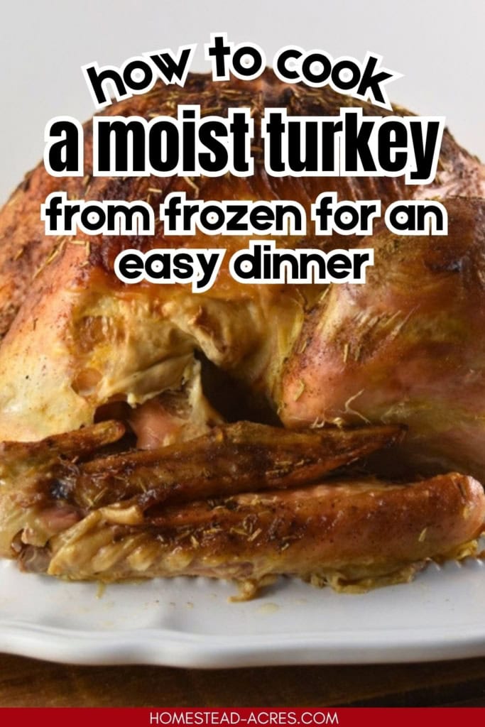 Roasted turkey with browned seasoned skin rests on a white platter ready to serve. Title text reads "how to cook a moist turkey from frozen for an easy dinner".
