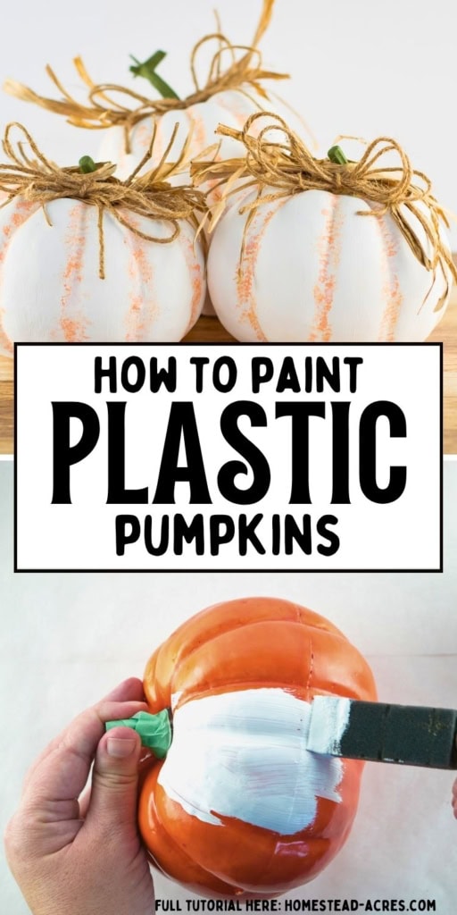 Finished white painted plastic pumpkins with subtle orange distressing and twine bows are shown above hands brushing white paint onto an orange pumpkin. Title text reads "HOW TO PAINT PLASTIC PUMPKINS".