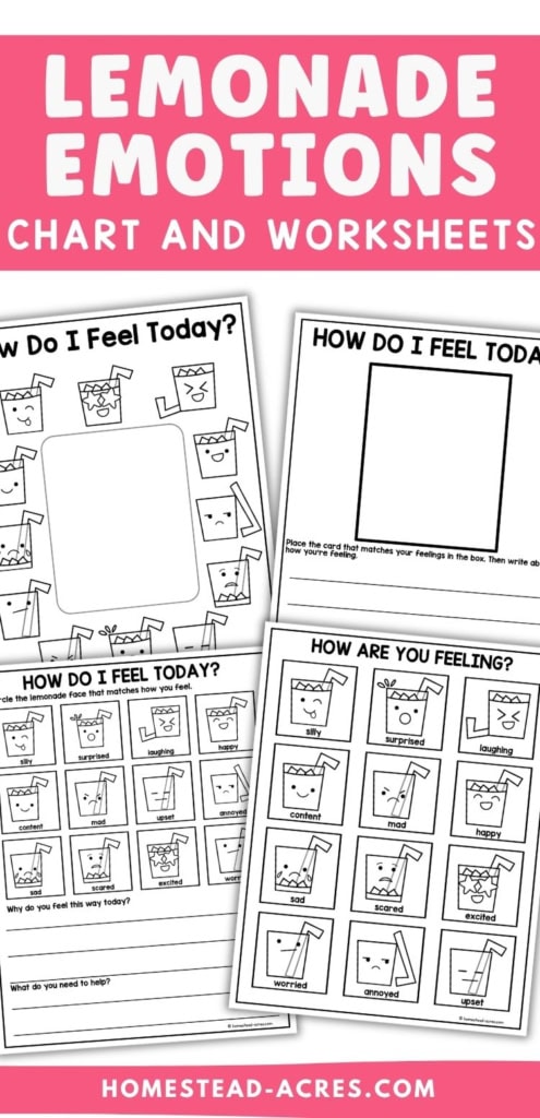 Black and white lemonade emotions chart and worksheets with expressive lemonade cup faces and feelings check in activities for children. Title text reads "LEMONADE EMOTIONS CHART AND WORKSHEETS".