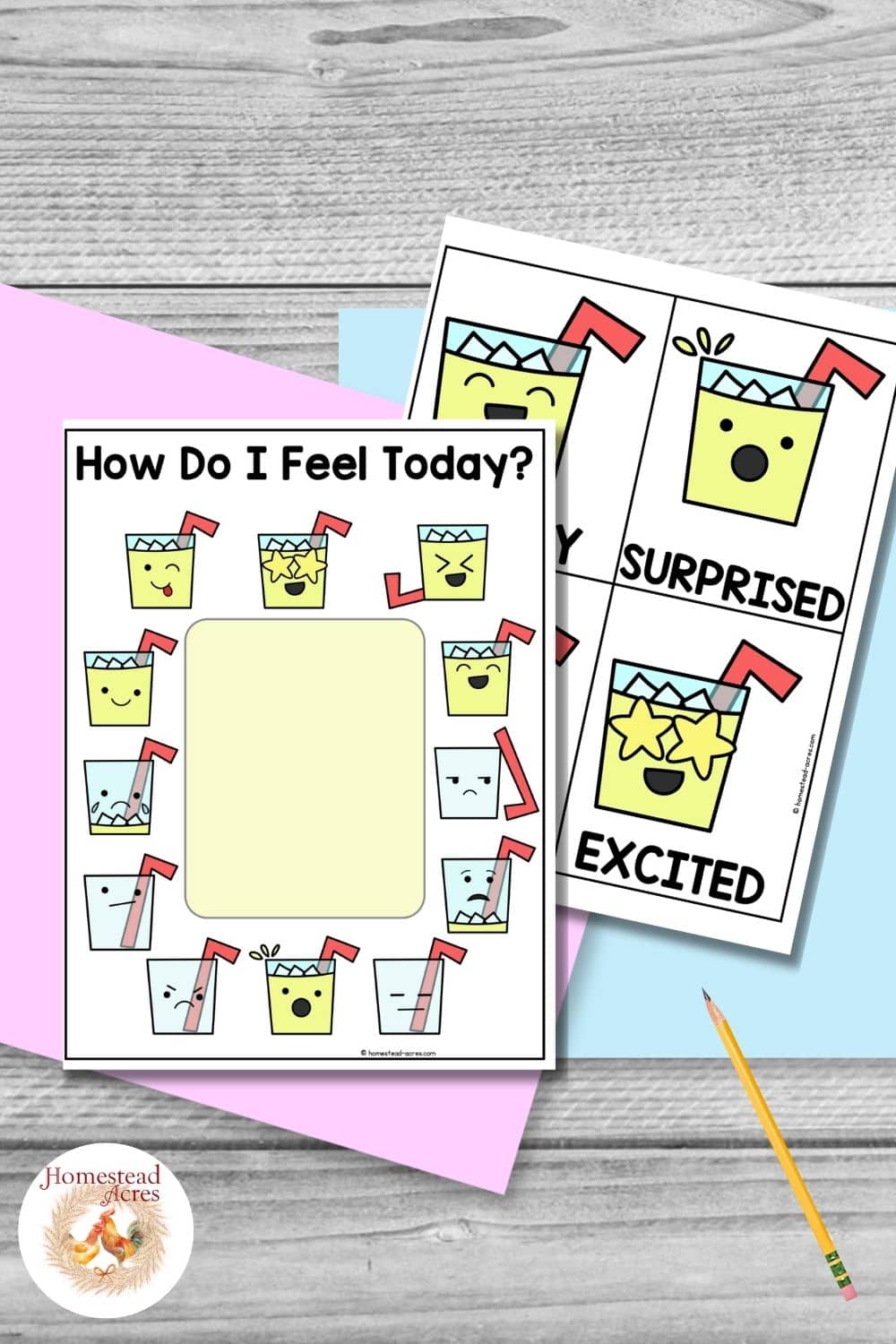Lemonade feelings activity with a colorful How Do I Feel Today worksheet surrounded by expressive lemonade cups and matching emotion cards on pastel paper. Title text reads "How Do I Feel Today".