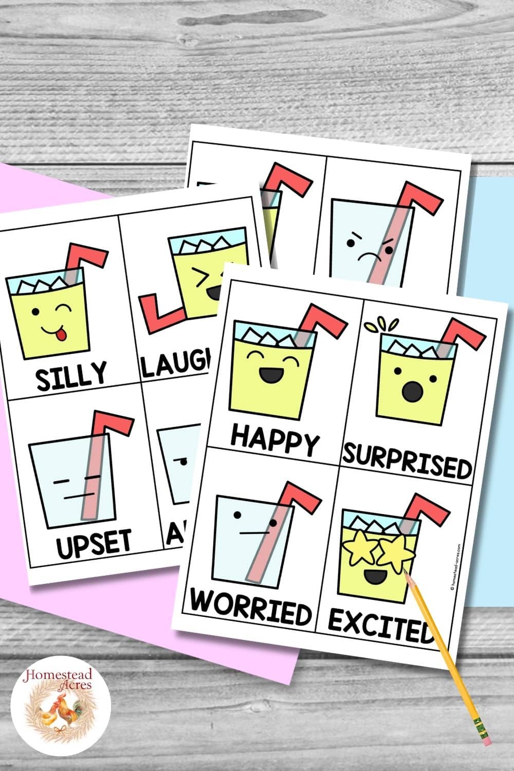 Color lemonade emotion cards arranged on pastel paper with a pencil on a gray wood background. The cards show different facial expressions and feeling labels including silly. laughing. upset. happy. surprised. worried. and excited.
