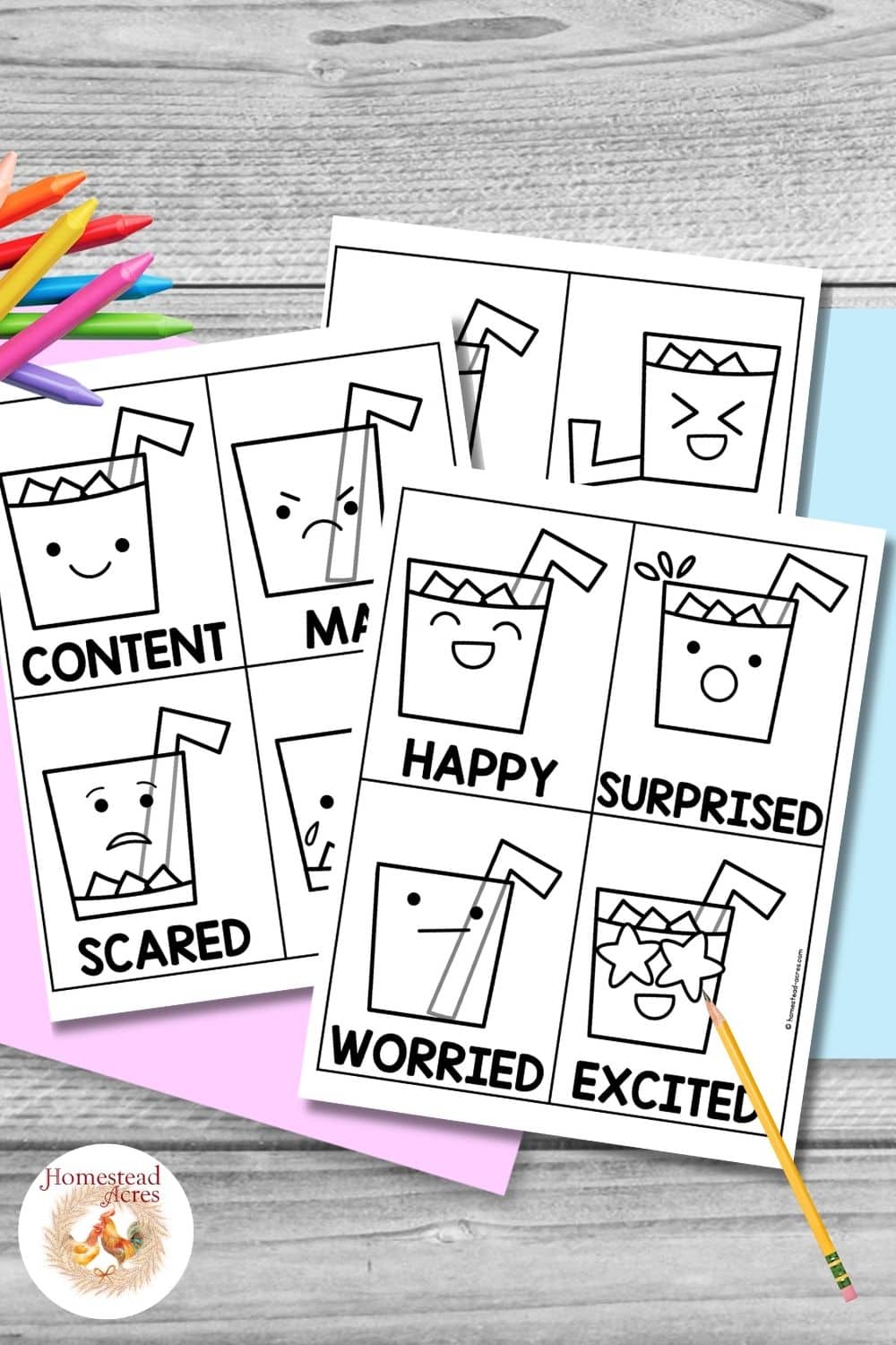 Black and white lemonade emotion cards show cups with different facial expressions for feelings such as happiness. surprise. worry. fear. and excitement. The printable cards are arranged on pastel paper with colorful crayons and a pencil on a gray wood background.