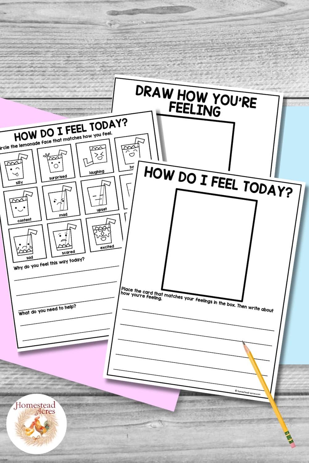 Three black and white lemonade feelings worksheets displayed on pastel paper over a gray wood background with a pencil beside them. Title text reads "DRAW HOW YOU'RE FEELING". "HOW DO I FEEL TODAY".