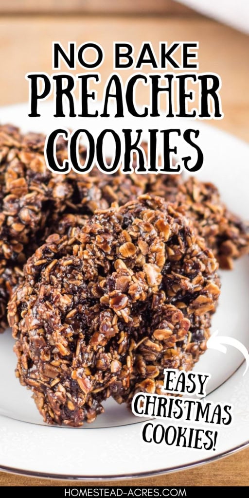 Chocolate no bake preacher cookies made with oats are stacked on a white plate. Title text reads "NO BAKE PREACHER COOKIES" and "EASY CHRISTMAS COOKIES".