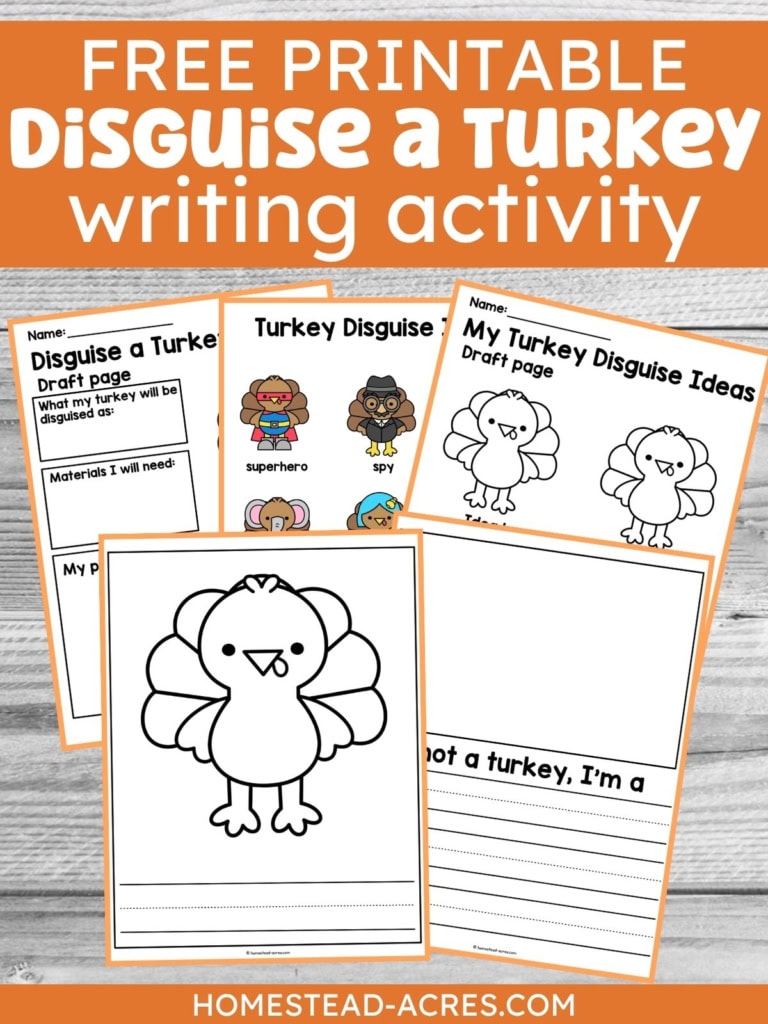 Printable Disguise a Turkey writing activity worksheets showing a blank turkey coloring page, disguise planning sheet, costume idea examples, and a writing prompt page. Text reads "FREE PRINTABLE Disguise a Turkey writing activity", "Disguise a Turkey Draft page", "Turkey Disguise Ideas", "My Turkey Disguise Ideas Draft page", and "I&rsquo;m not a turkey, I&rsquo;m a".