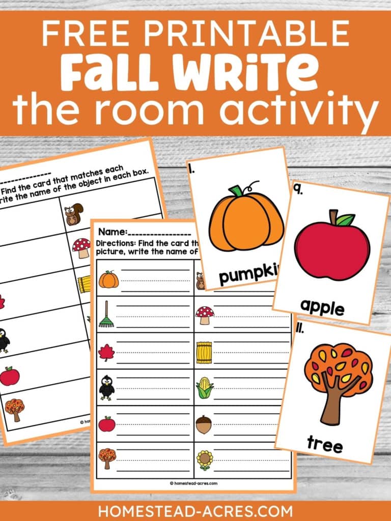 Free printable fall write the room activity with worksheets and picture cards for pumpkin, apple, tree, squirrel, mushroom, hay bale, corn, acorn, sunflower, leaf, rake, and crow. Text reads "FREE PRINTABLE FALL WRITE the room activity".