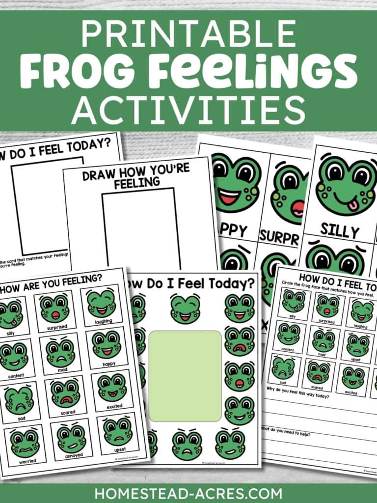 Printable frog feelings activities with emotion cards and worksheets for children to identify feelings and draw or write about how they feel. Text reads "PRINTABLE FROG FEELINGS ACTIVITIES".