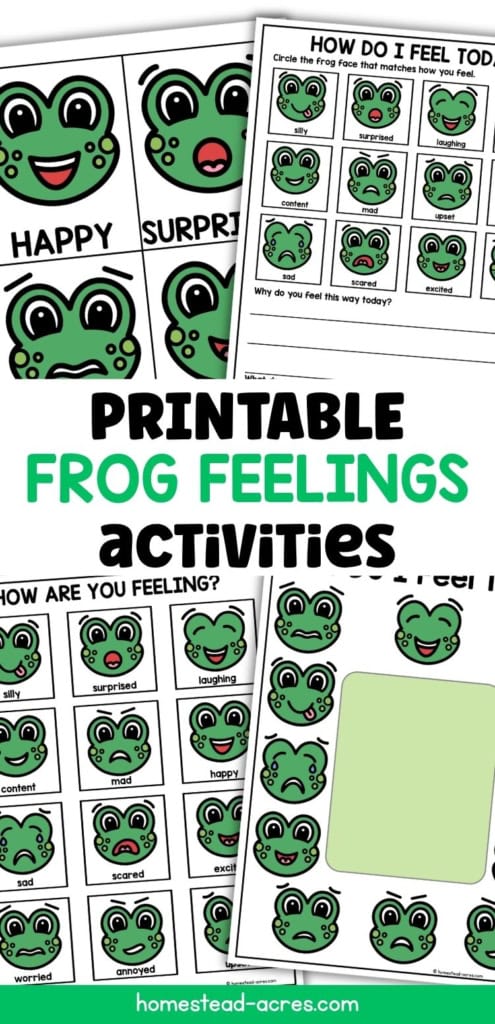 Printable frog feelings activities with expressive frog faces and worksheets that help children identify and discuss emotions. Text reads "PRINTABLE FROG FEELINGS ACTIVITIES".