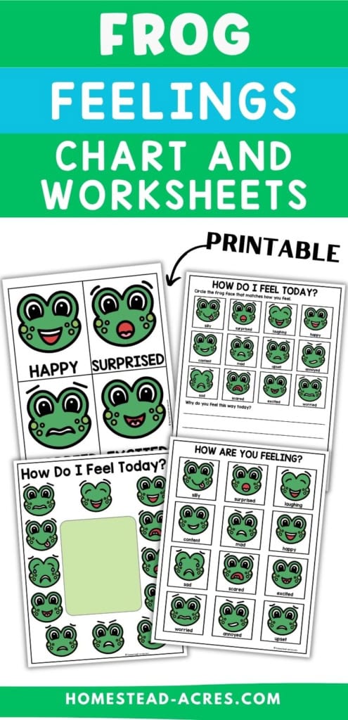 Printable frog feelings chart and worksheets with expressive frog faces for children to identify and talk about emotions. Text reads "FROG FEELINGS CHART AND WORKSHEETS". "PRINTABLE".