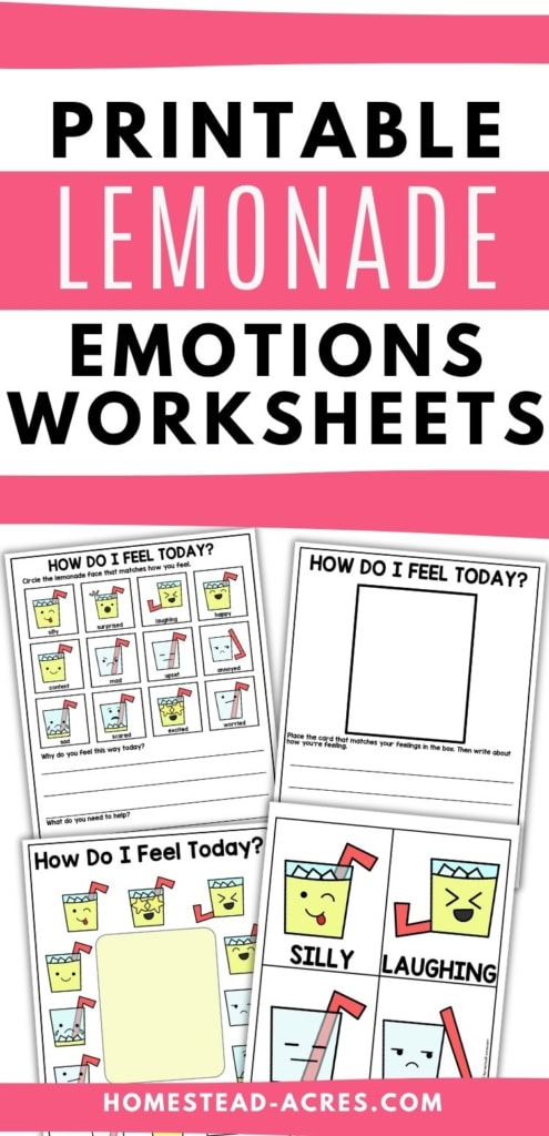 Printable lemonade emotions worksheets with colorful lemonade cup faces and feelings check in activities for children. Title text reads "PRINTABLE LEMONADE EMOTIONS WORKSHEETS".