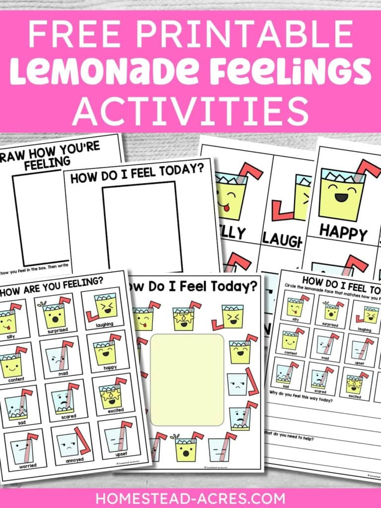 Collage of free printable lemonade feelings activities with colorful lemonade emotion cards. drawing pages. and feelings check in worksheets for children. Title text reads "FREE PRINTABLE LEMONADE FEELINGS ACTIVITIES".