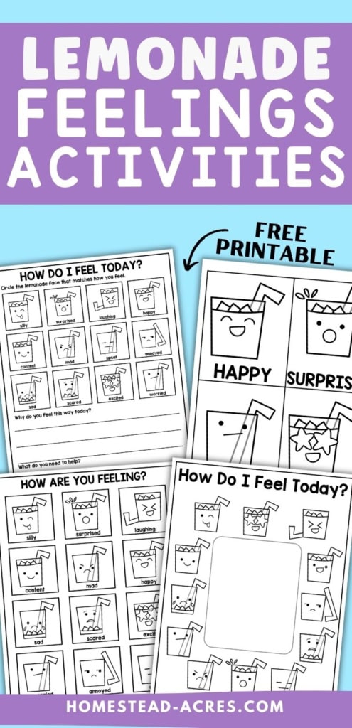 Black and white lemonade feelings activities with emotion cards and check in worksheets showing expressive lemonade cups for children to identify and discuss feelings. Title text reads "LEMONADE FEELINGS ACTIVITIES". "FREE PRINTABLE".