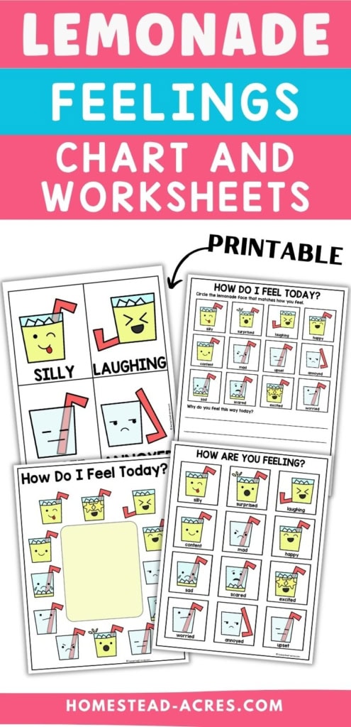 Printable lemonade feelings chart and worksheets with colorful lemonade cup faces showing different emotions for children to identify and discuss. Title text reads "LEMONADE FEELINGS CHART AND WORKSHEETS". "PRINTABLE".