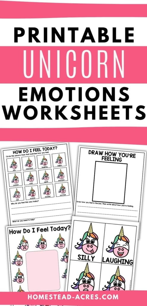 Printable unicorn emotions worksheets with a feelings check in page. a drawing activity. a unicorn emotion chart. and expressive unicorn faces for children to identify different feelings. Title text reads "PRINTABLE UNICORN EMOTIONS WORKSHEETS".