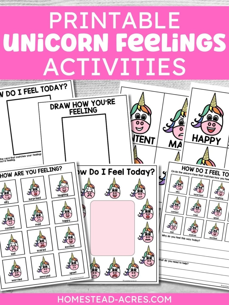 Collage of printable unicorn feelings worksheets with colorful unicorn emotion faces. drawing activities. and feelings check in pages for children. Title text reads PRINTABLE UNICORN FEELINGS ACTIVITIES.