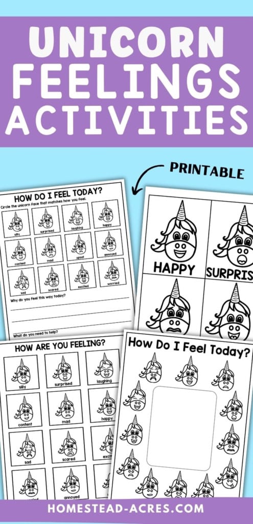 Black and white printable unicorn feelings activities with emotion cards. a feelings check in worksheet. and a page surrounded by expressive unicorn faces for children to identify and discuss emotions. Title text reads "UNICORN FEELINGS ACTIVITIES". "PRINTABLE".