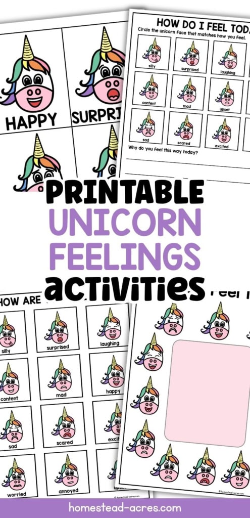 Printable unicorn feelings activities with colorful emotion cards. a feelings chart. and a check in worksheet featuring expressive unicorn faces for children. Title text reads "PRINTABLE UNICORN FEELINGS ACTIVITIES".