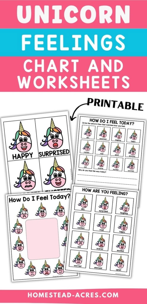 Printable unicorn feelings chart and worksheets with colorful unicorn emotion faces. feeling check in pages. and matching cards for children to identify different emotions. Title text reads "UNICORN FEELINGS CHART AND WORKSHEETS".