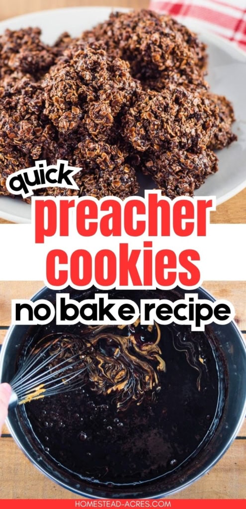 Chocolate preacher cookies made with oats are piled on a white plate above a pot of glossy chocolate peanut butter mixture being whisked. Title text reads "quick preacher cookies no bake recipe".