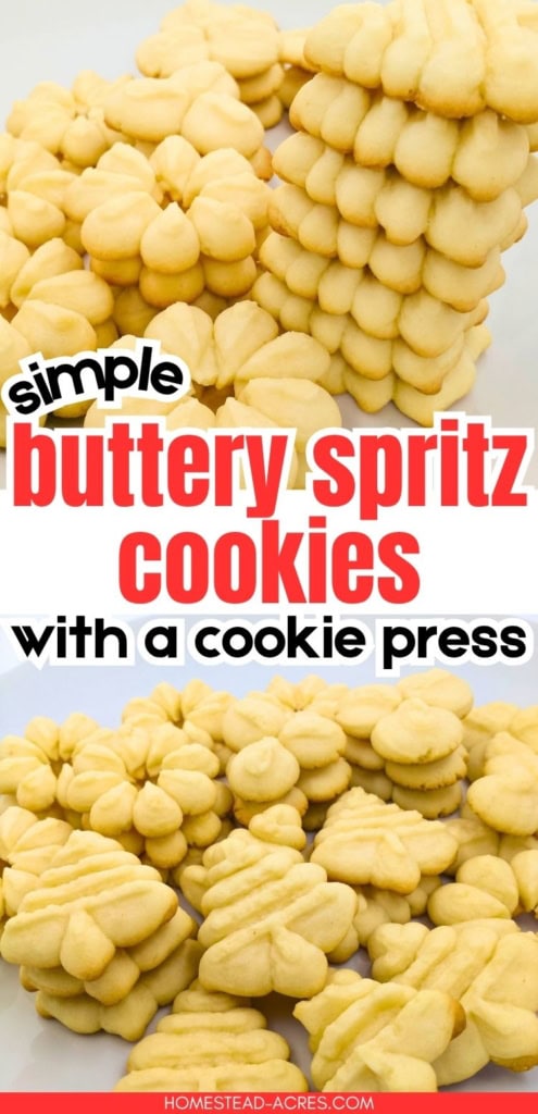 Stacks and clusters of golden Dutch butter cookies made in flower and ridged shapes with a cookie press. Title text reads "simple buttery spritz cookies with a cookie press".