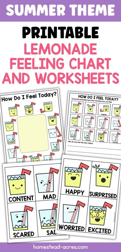 Printable summer feelings activity with lemonade themed emotion cards and worksheets showing cups with different facial expressions for children to identify and discuss feelings. Title text reads "SUMMER THEME PRINTABLE LEMONADE FEELING CHART AND WORKSHEETS".