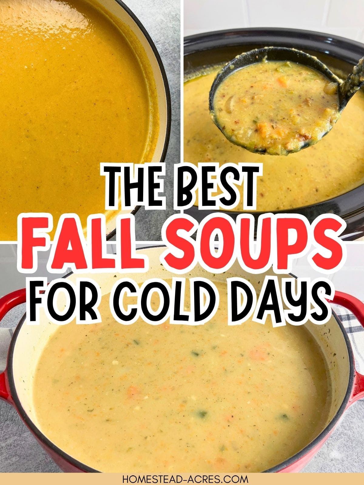 Collage of creamy fall soups shown in a Dutch oven and slow cooker, with a ladle, featuring smooth and chunky textures. Title text reads "THE BEST FALL SOUPS FOR COLD DAYS".