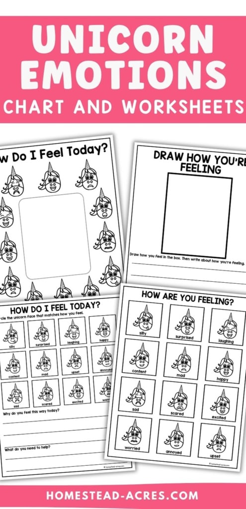 Black and white unicorn emotions chart and worksheets with expressive unicorn faces. a drawing activity. and feeling check in pages for children. Title text reads "UNICORN EMOTIONS CHART AND WORKSHEETS".