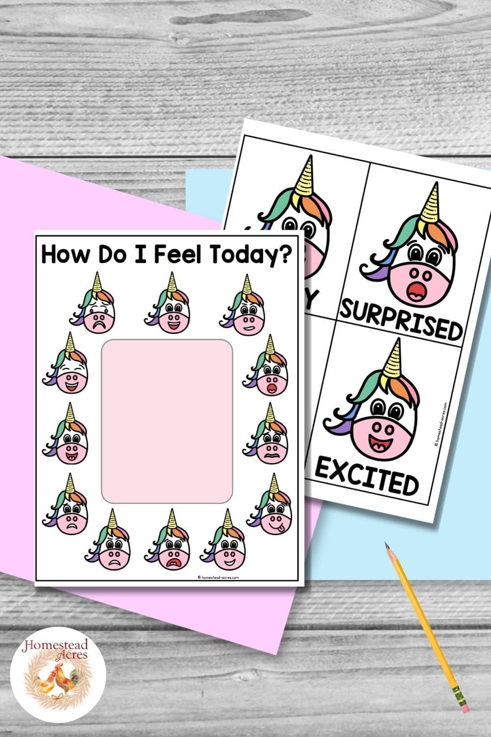 Unicorn feelings activity with a colorful How Do I Feel Today worksheet surrounded by expressive unicorn faces and matching emotion cards on pastel paper. Title text reads "How Do I Feel Today".