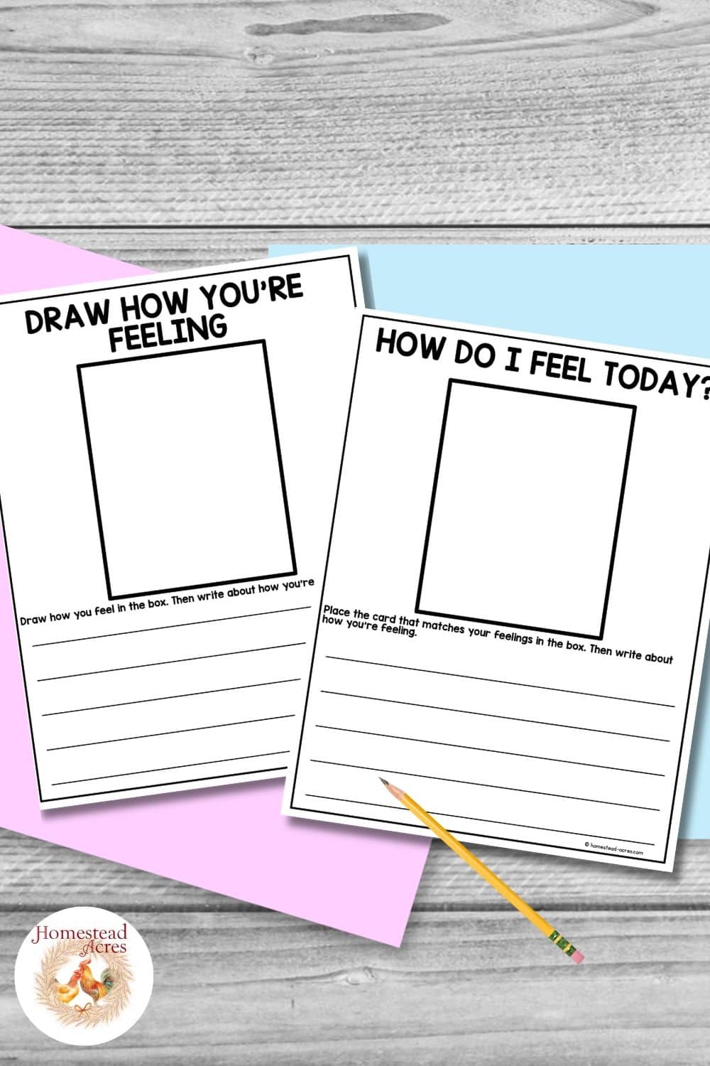 Two black and white feelings worksheets displayed on pink and blue paper over a gray wood background with a pencil beside them. Title text reads "DRAW HOW YOU'RE FEELING". "HOW DO I FEEL TODAY".
