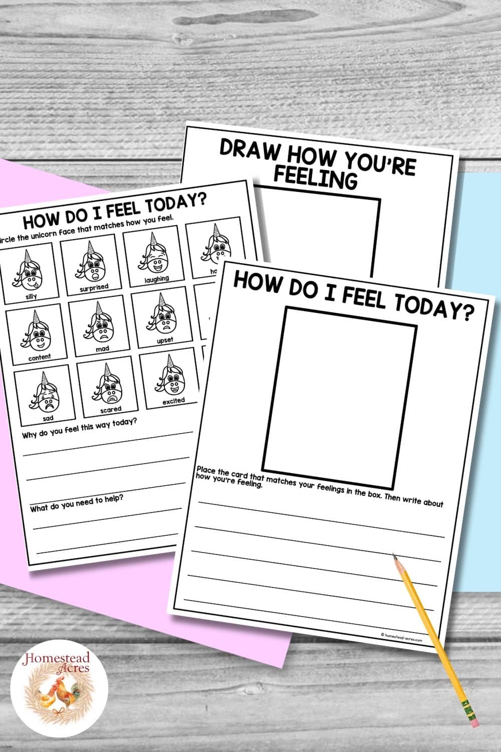 Three black and white unicorn feelings worksheets displayed on pastel paper over a gray wood background with a pencil beside them. Title text reads "DRAW HOW YOU'RE FEELING". "HOW DO I FEEL TODAY".