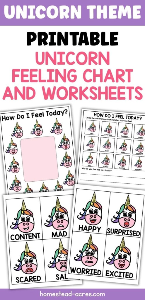 Printable unicorn feelings chart and worksheets with colorful unicorn faces showing different emotions for children to identify and discuss how they feel. Title text reads "UNICORN THEME PRINTABLE UNICORN FEELING CHART AND WORKSHEETS".
